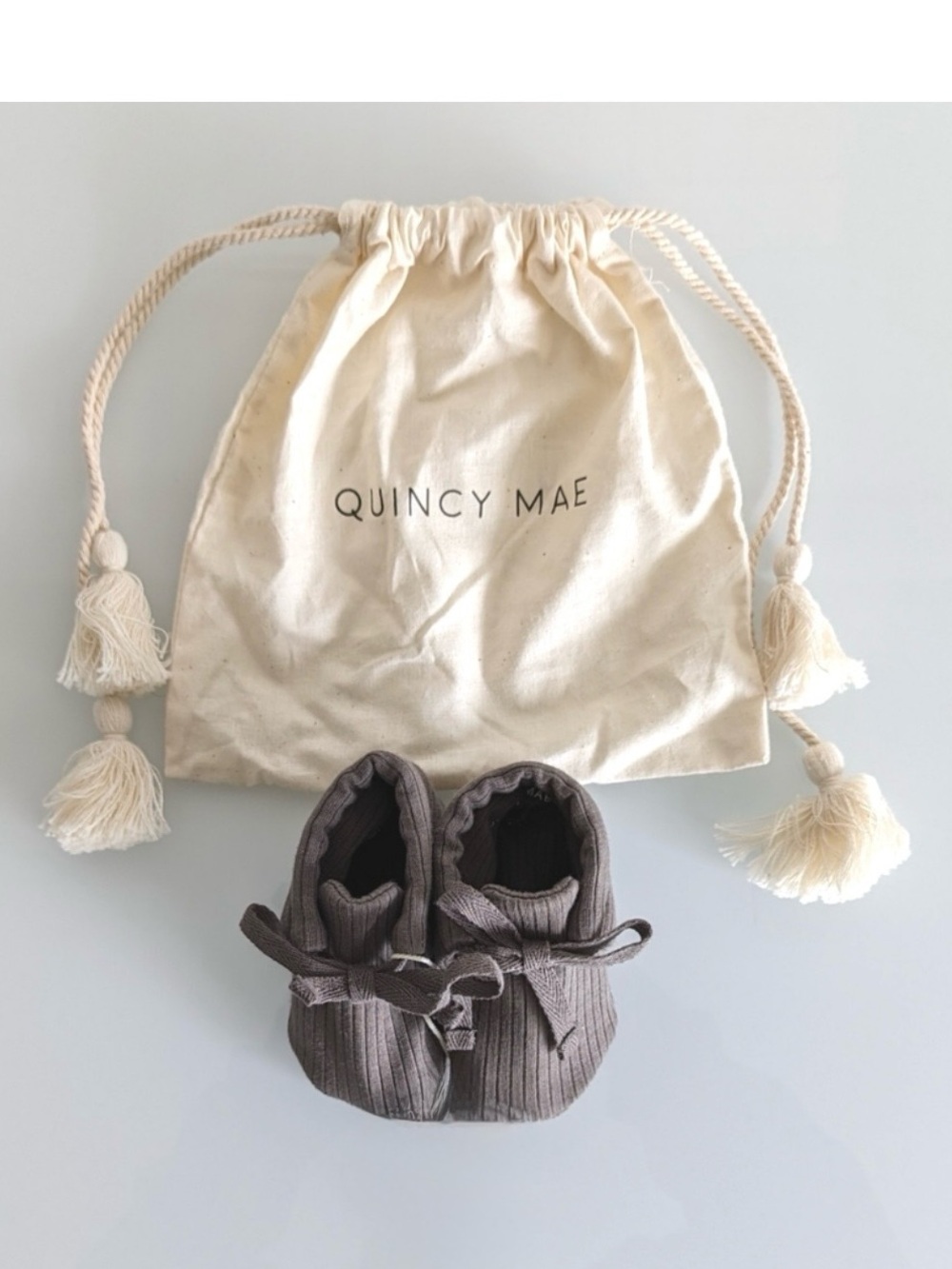Quincy Mae Baby Booties Charcoal Grey 3-6 Months Bow Organic Cotton Shoes